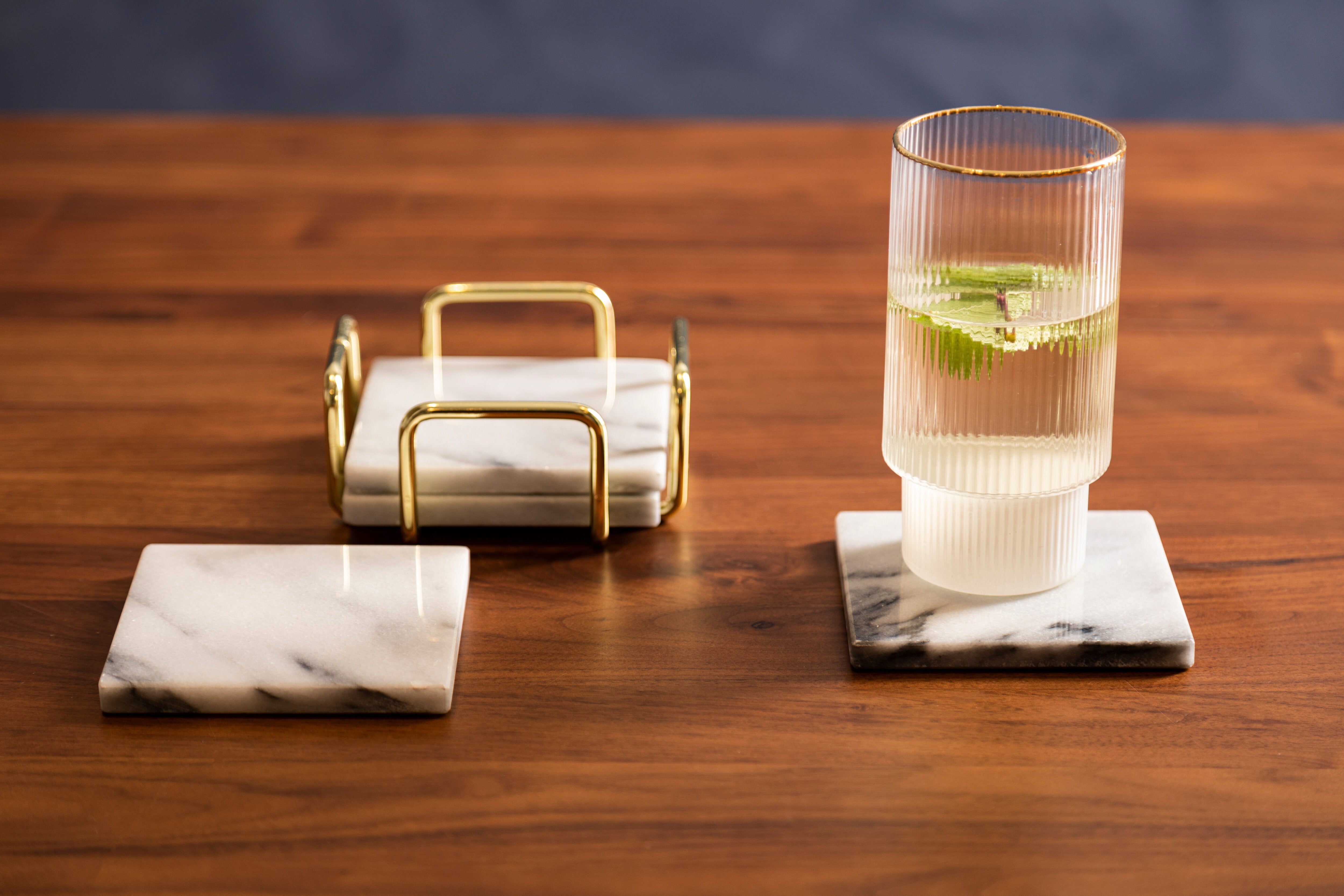 Set of 4 Trevi White Marble Coasters with Brass Finish Holder